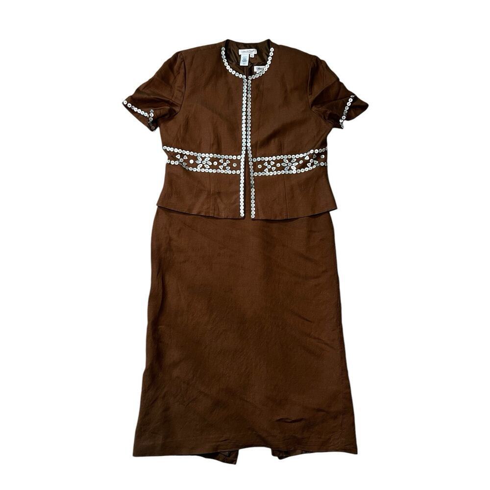 Coldwater Creek 2 Pc Jacket Sheath Dress Jacket Linen Embellished Brown Size 16